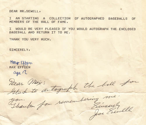 Joe Sewell autographed letter from the collection